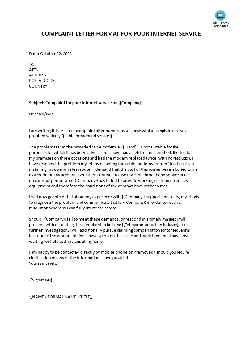 Complaint Letter Format For Poor Internet Service Templates At 