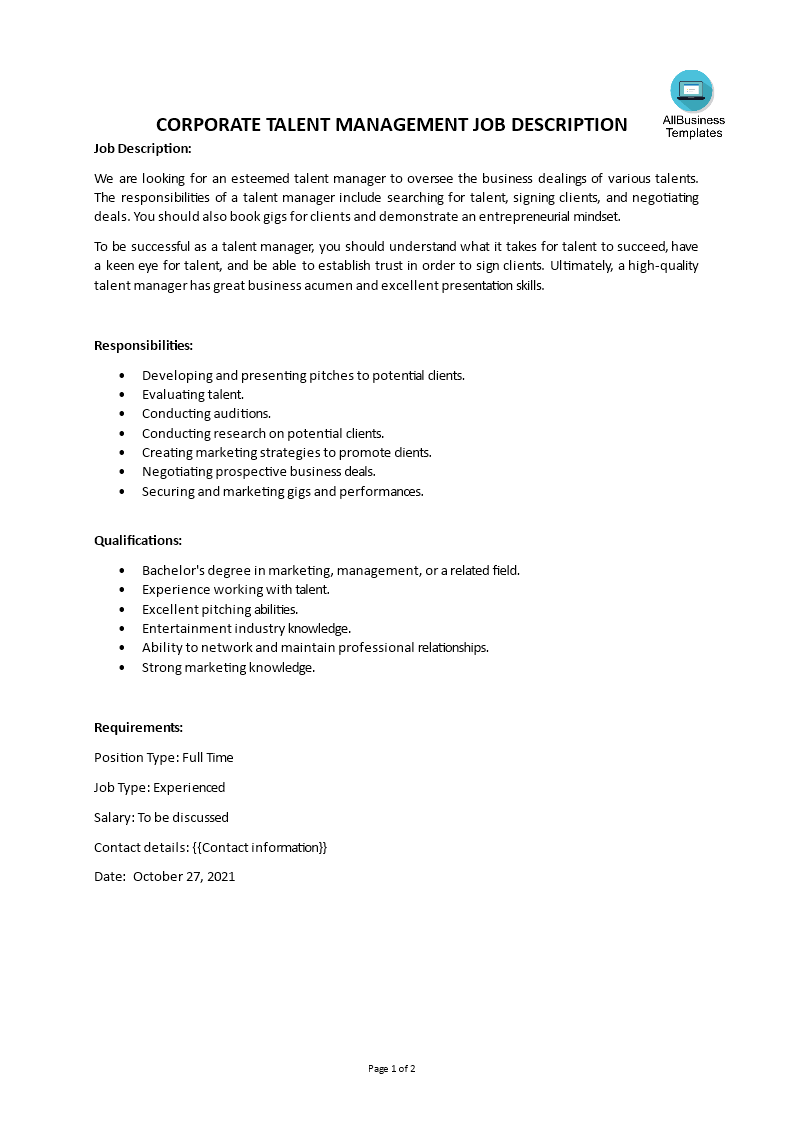 Corporate Talent Management Job Description Templates At 