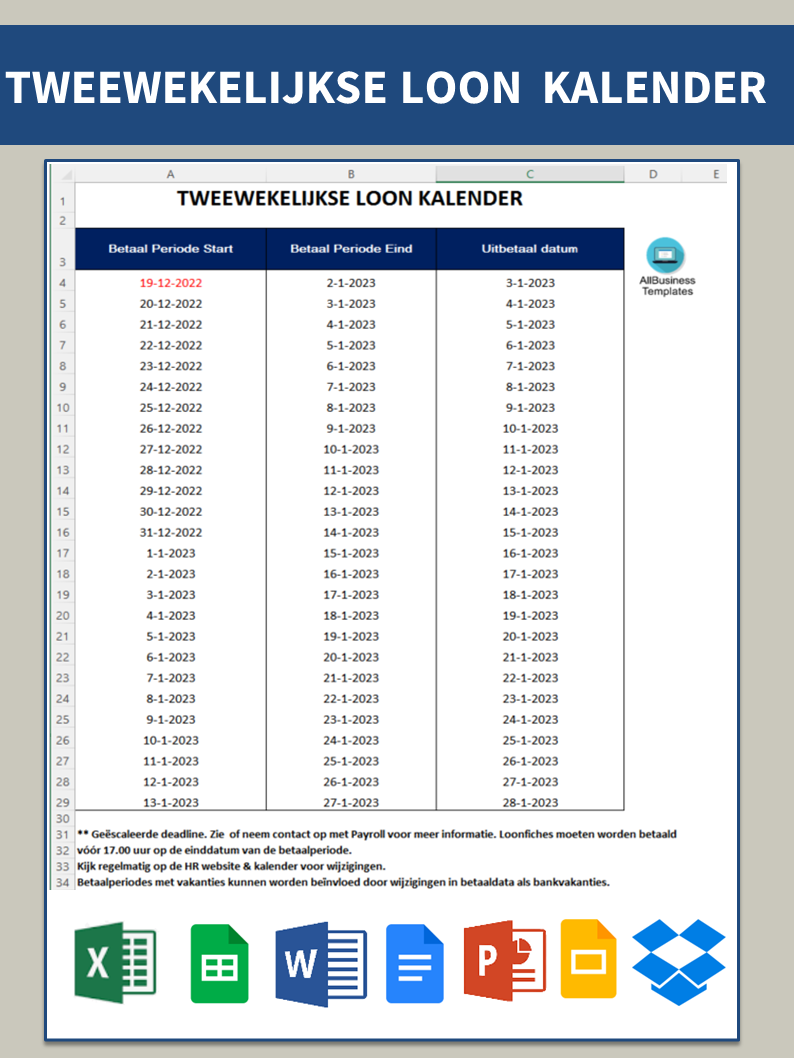 免费 Tweewekelijkse Loonkalender | 样本文件在 allbusinesstemplates.com