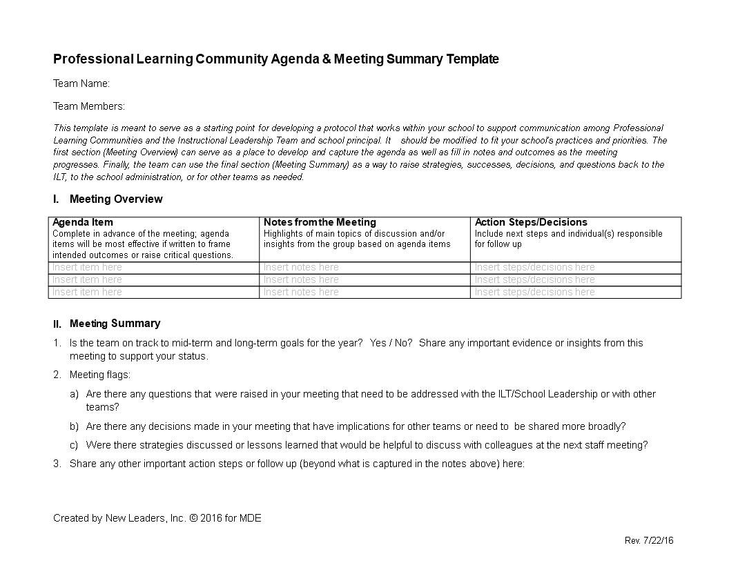 Professional Learning Community Agenda Templates at