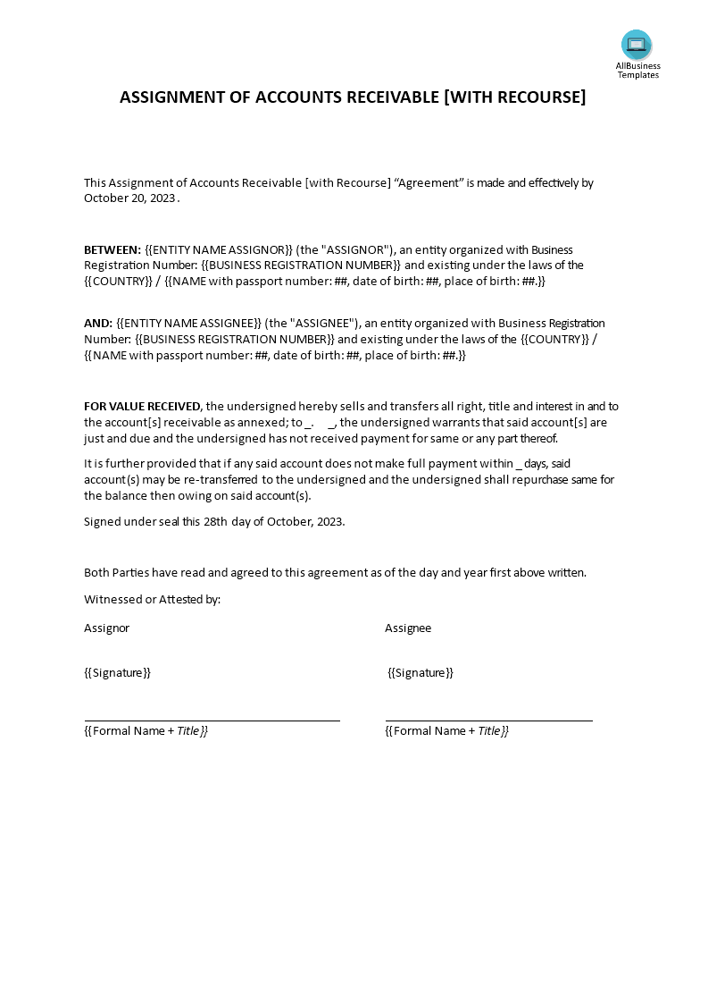 assignment of accounts receivable [with recourse] template