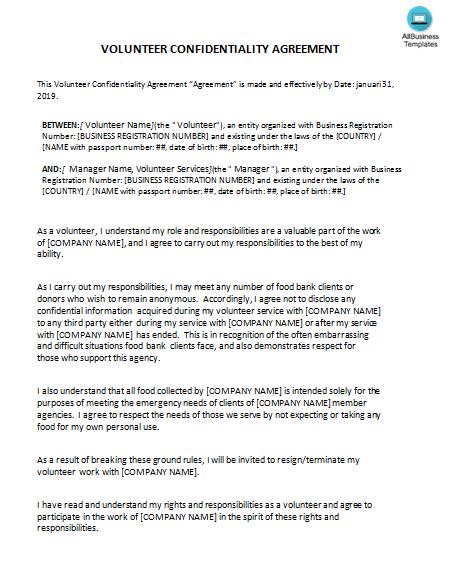 Volunteer Confidentiality Agreement Sample Templates at