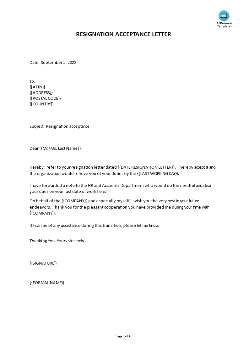 Resignation Acceptance letter template | Templates at ...