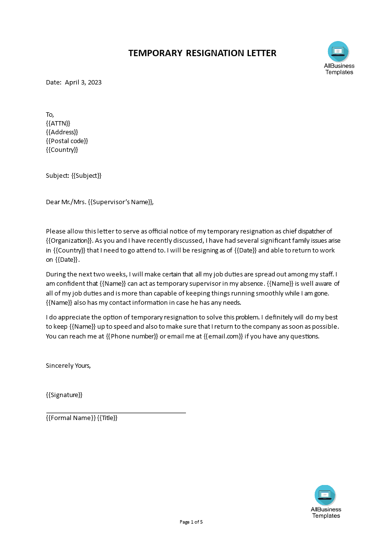 Temporary Resignation Letter Format Templates At Allbusinesstemplates Com