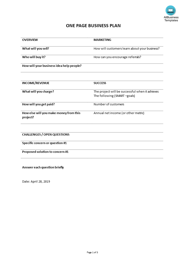 sample of one page business plan