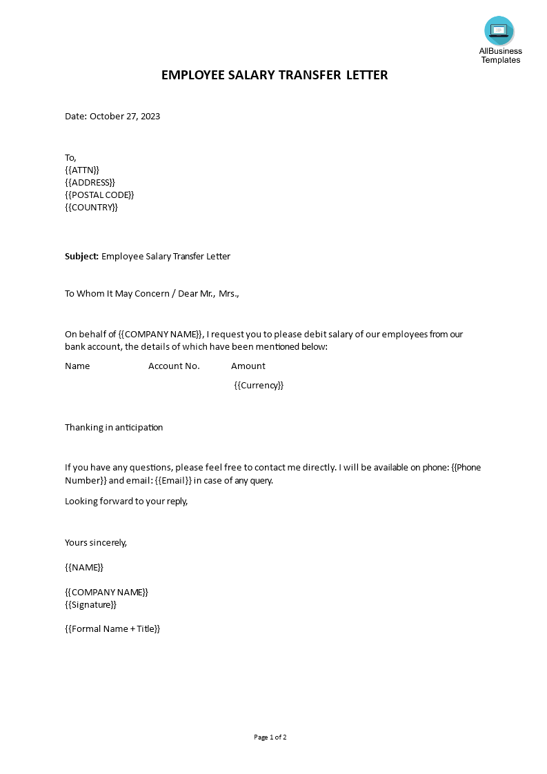 Employee Salary Transfer Letter to Bank | Templates at ...