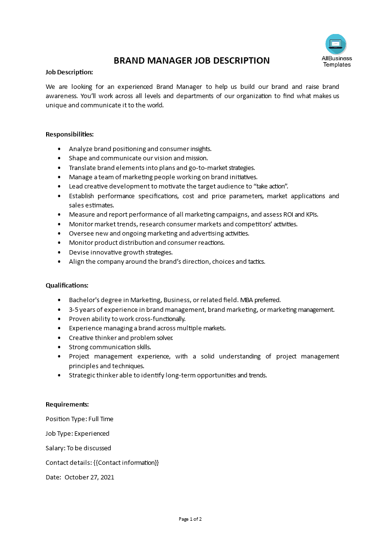 Gratis Brand Manager Job Description