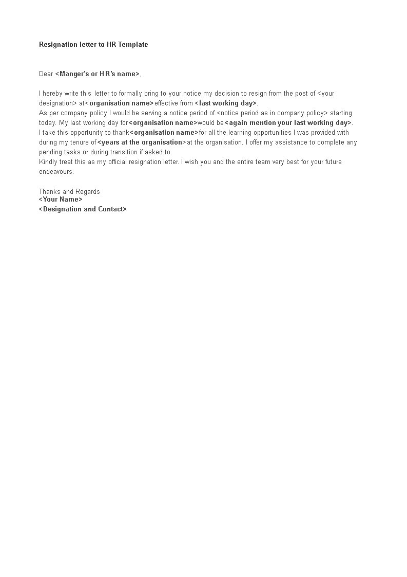 resignation letter to hr voorbeeld afbeelding 