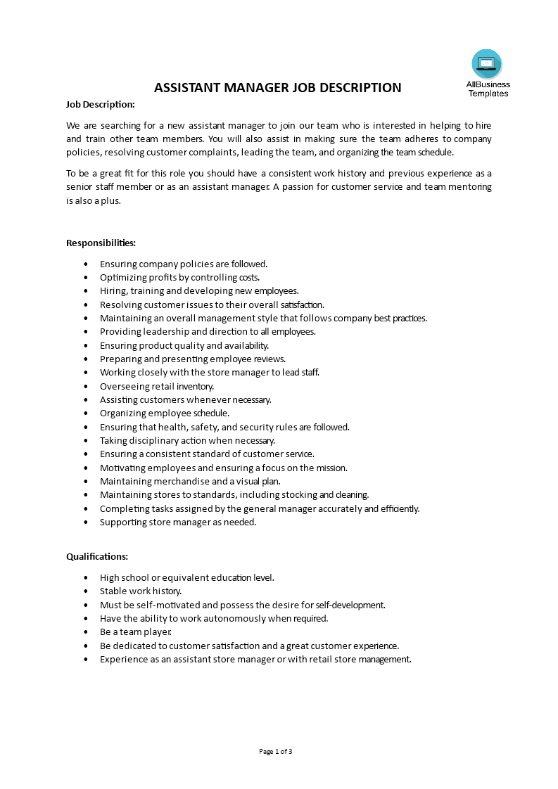 Assistant Manager Job Description Gratis