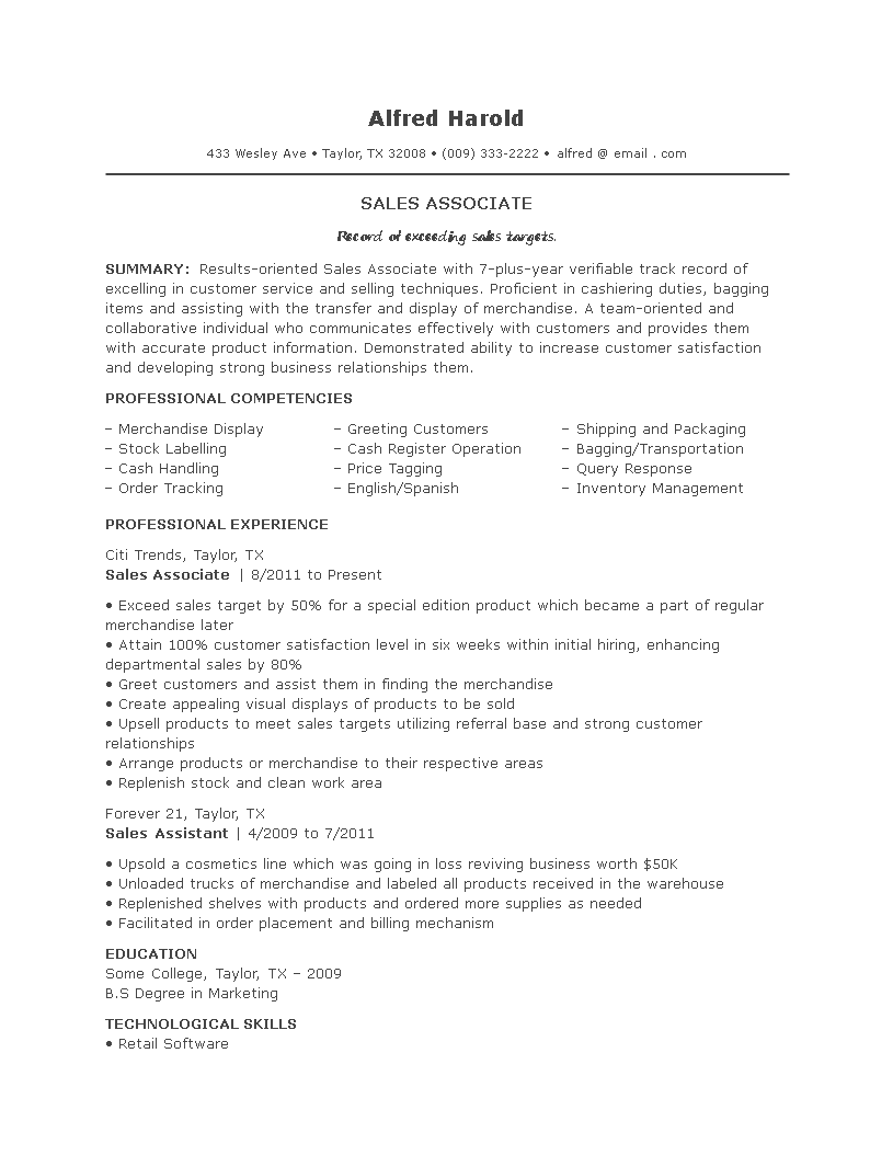 Sales Associate Job Resume Templates At Allbusinesstemplates