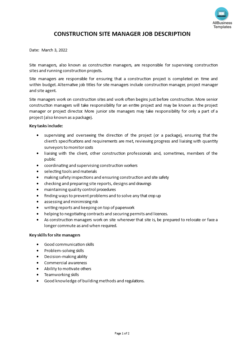 Construction Site Manager Job Description Templates At 