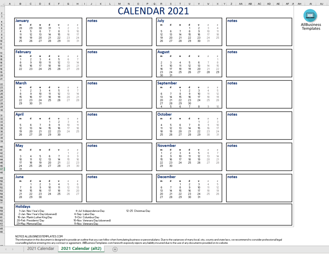 calendar 2021 excel template
