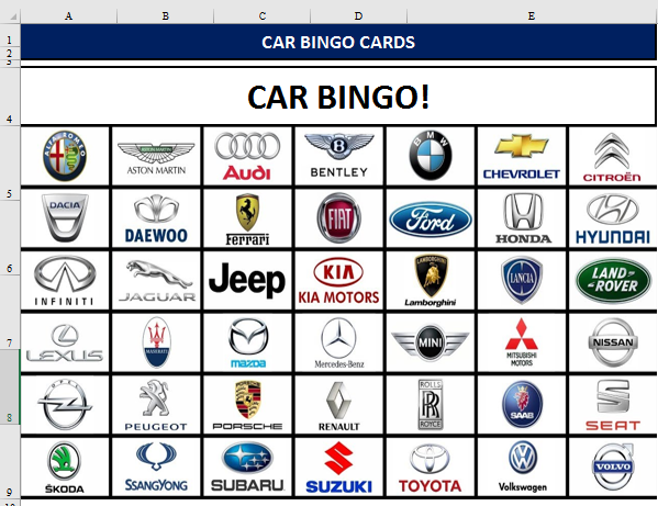 car bingo cards voorbeeld afbeelding 
