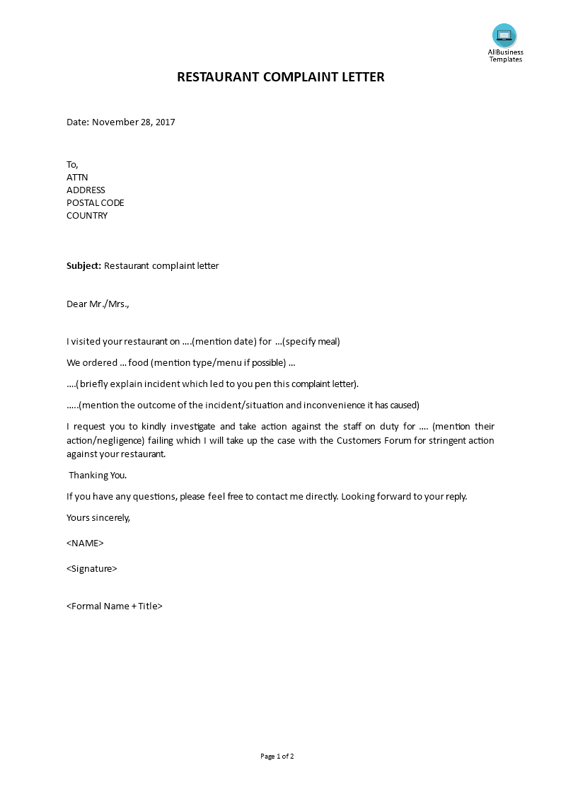 Restaurant Complaint Letter Templates At Allbusinesstemplates