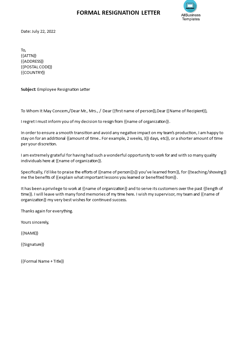 formal resignation letter template template
