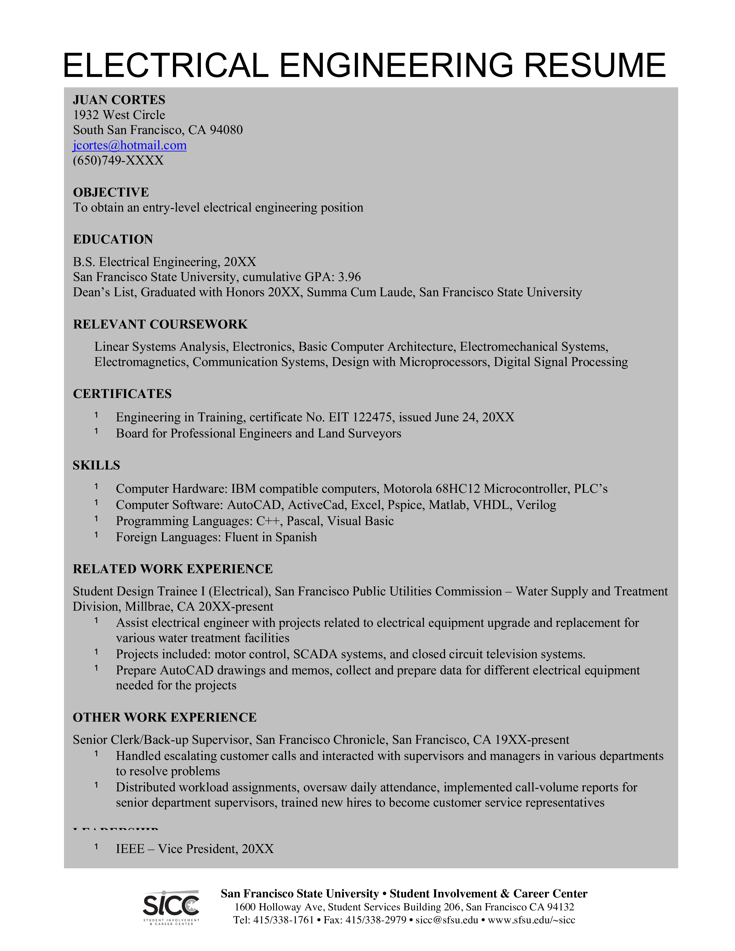 Electrical Engineer CV Sample Templates At Allbusinesstemplates