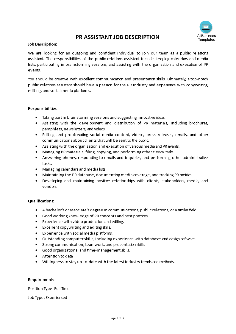 Kostenloses Pr Assistant Job Description