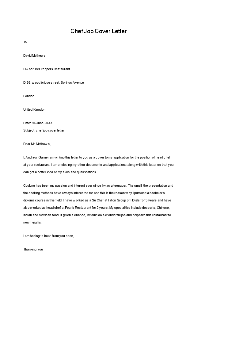 cover letter examples for chef position