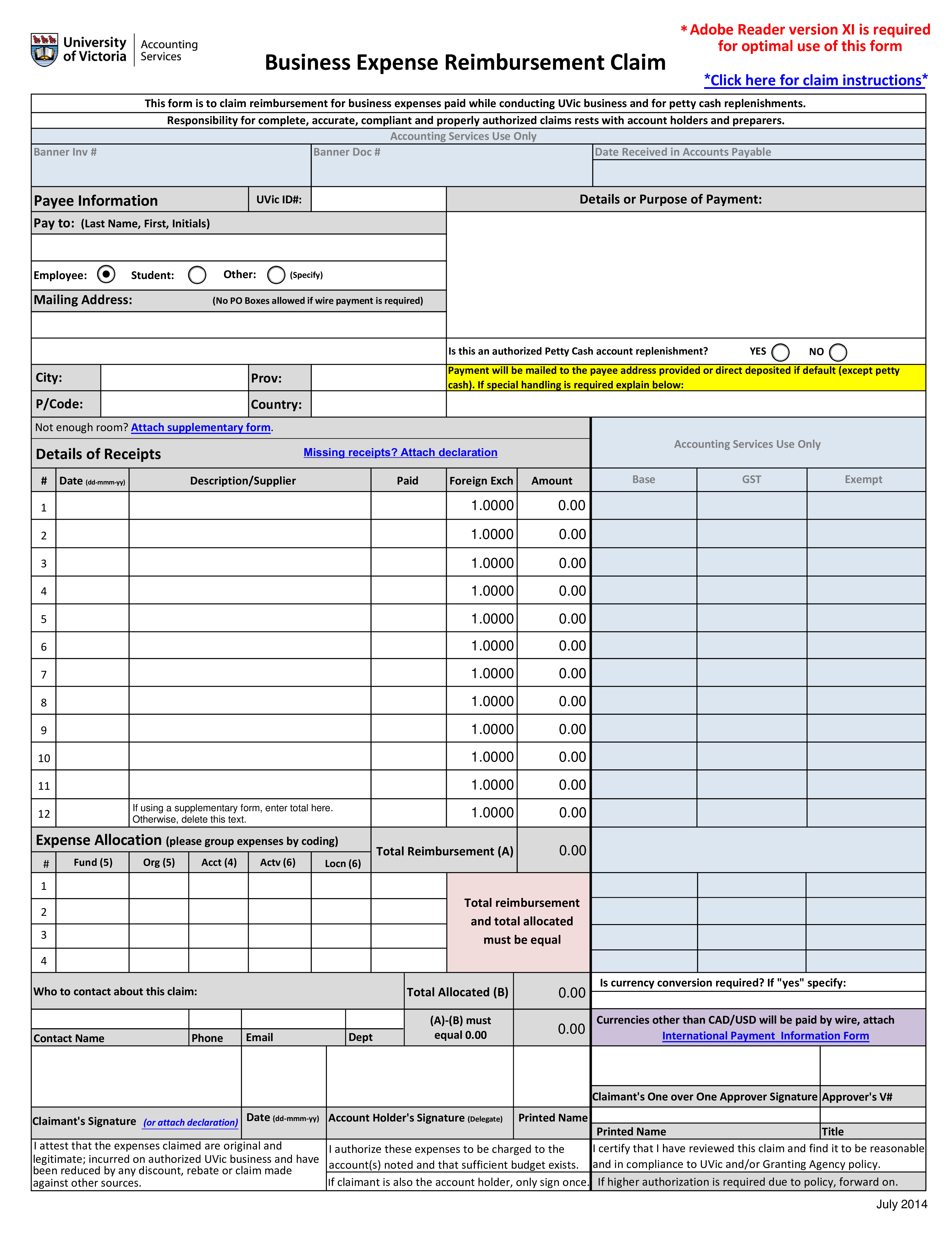 Kostenloses Business Reimbursement Form