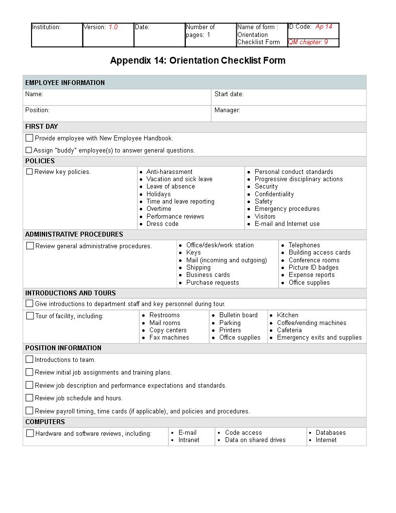 quality management orientation checklist form template