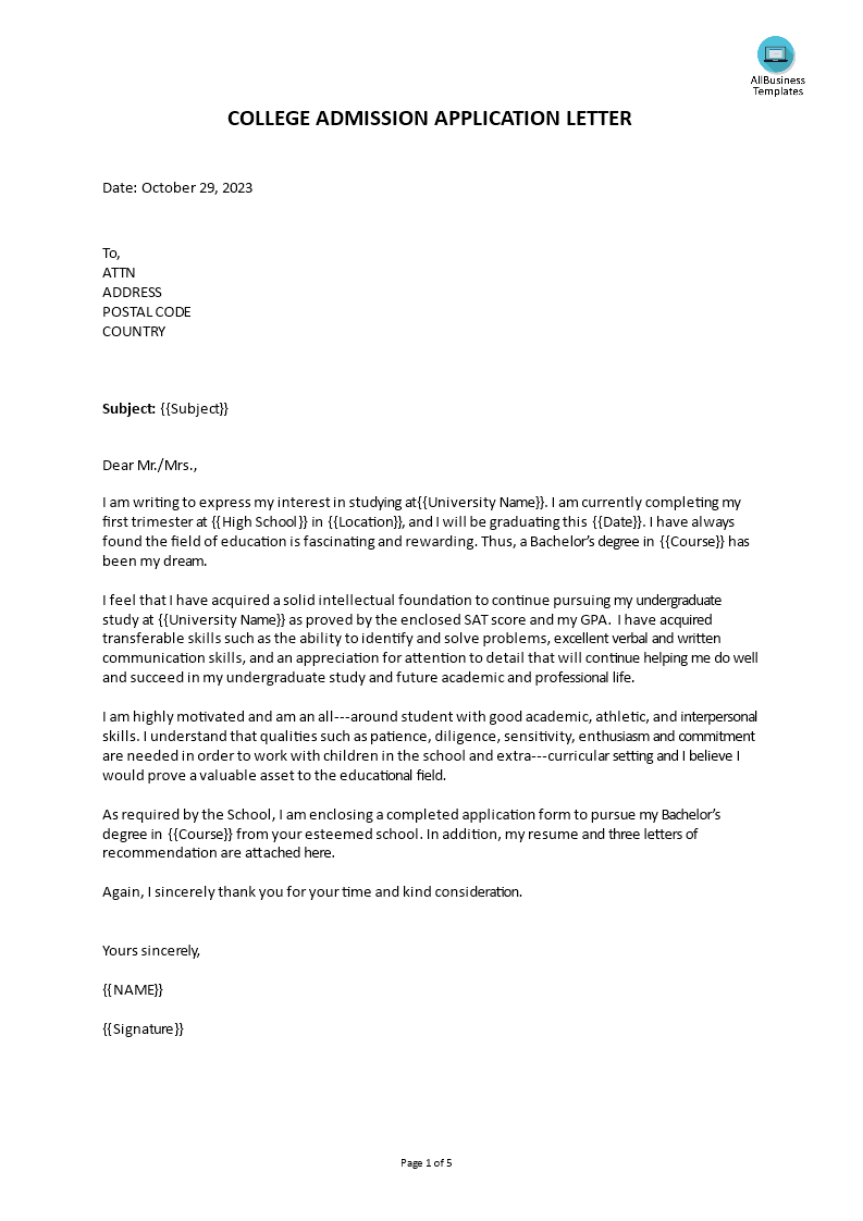 Application Letter For University Admission - About the ...