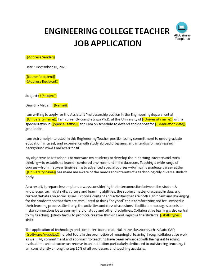 format of application letter for a teaching job