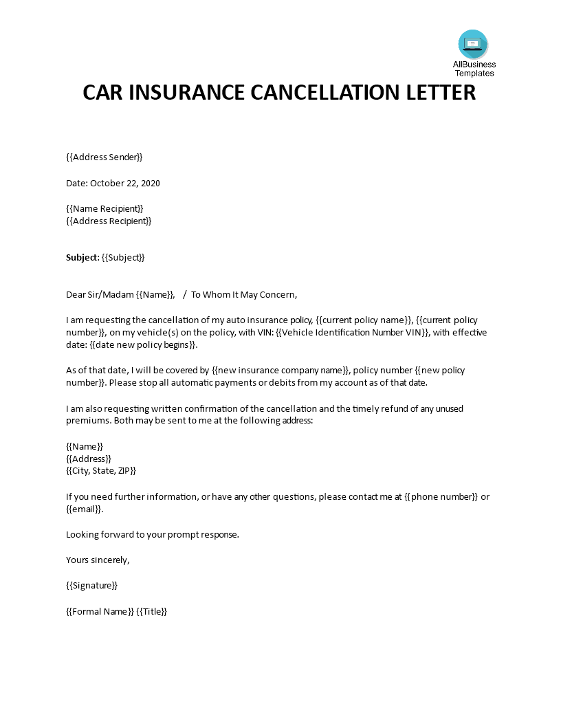 Car Insurance Cancellation Letter Templates At Allbusinesstemplates