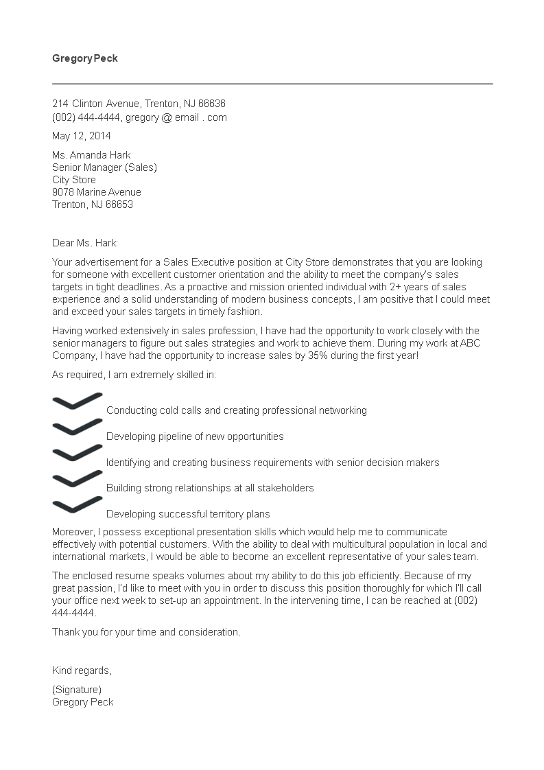 sales executive job application letter