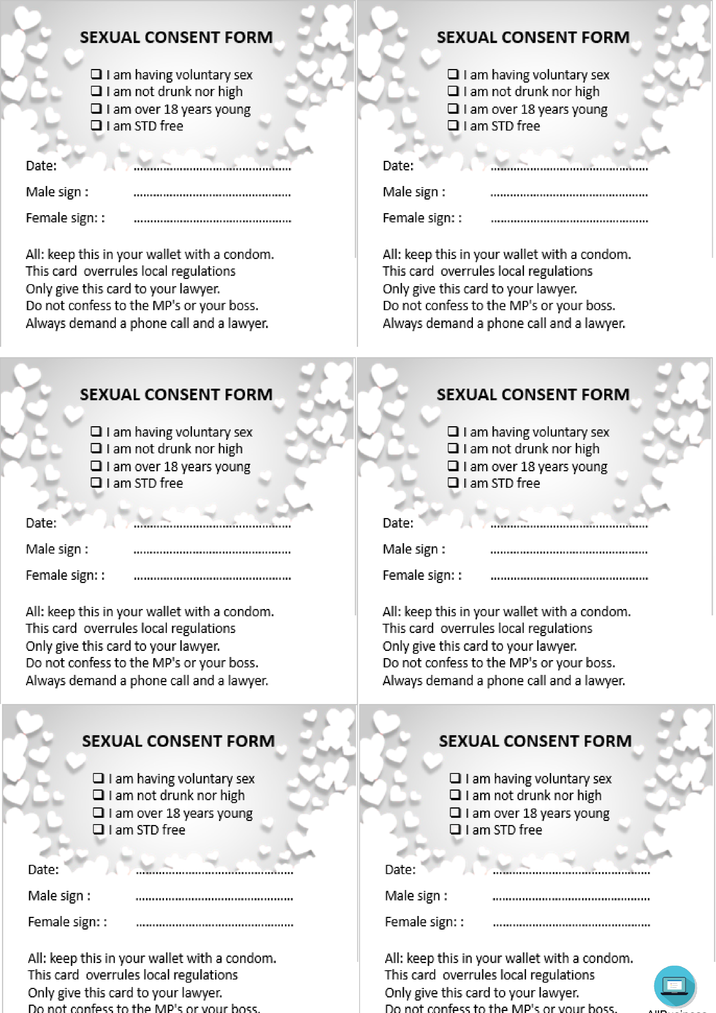 Sexual Consent Form Pocket Size Templates At Allbusinesstemplates Com