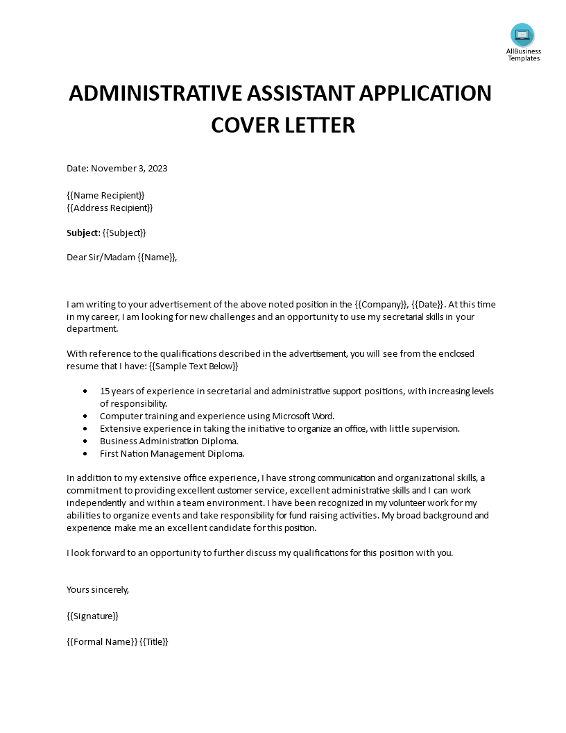 Administrative Assistant Application Cover Letter 模板