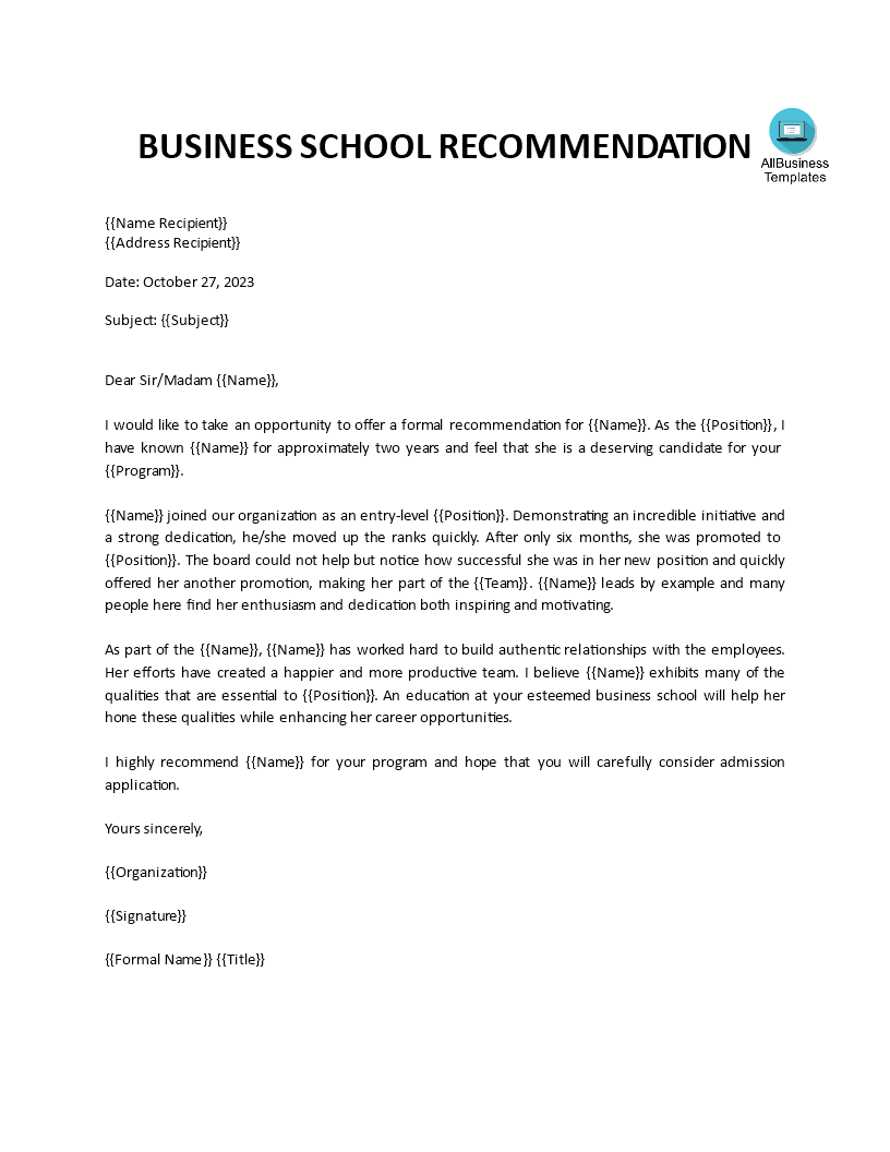 business school academic recommendation letter plantilla imagen principal
