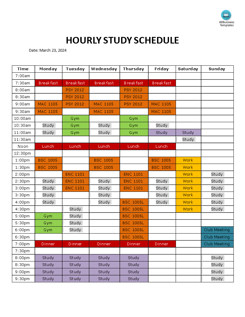 Hourly Study Schedule Templates at