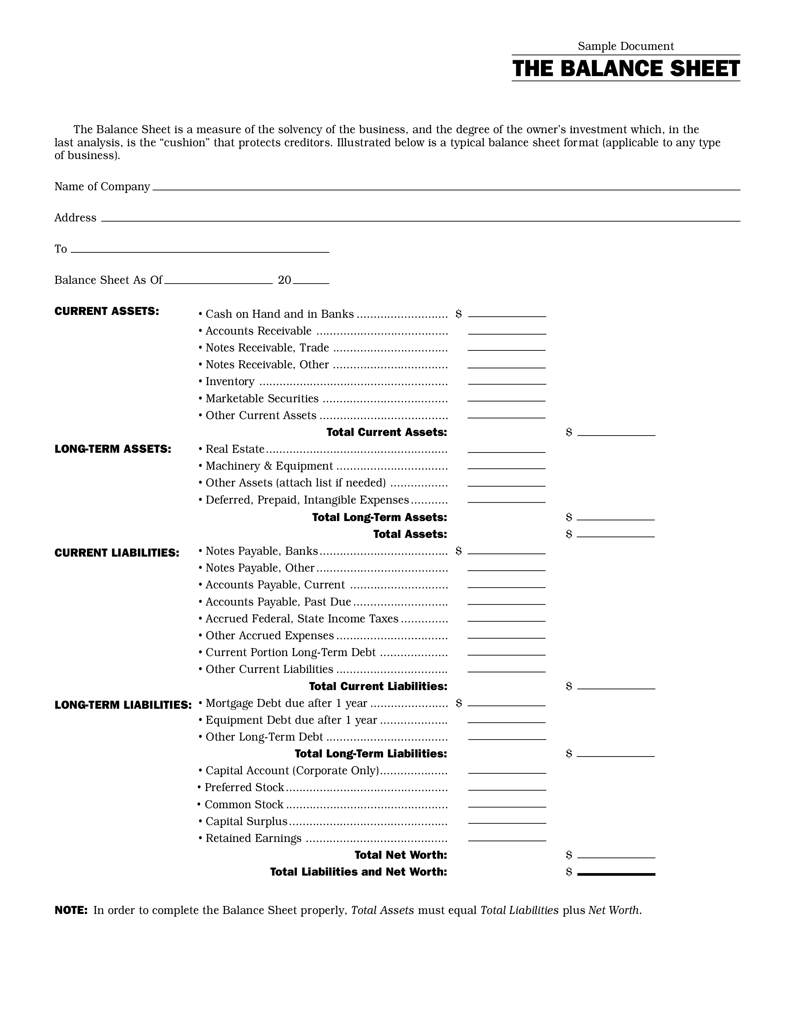 Blank Personal Balance Sheet Templates At Allbusinesstemplates