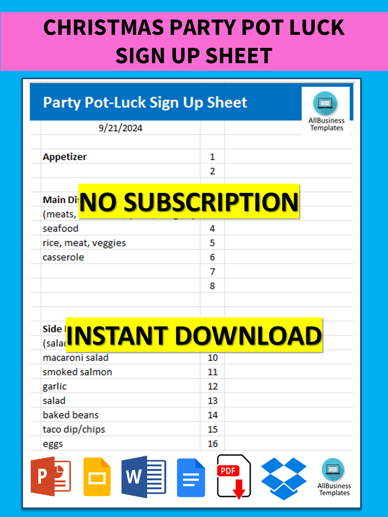 christmas party pot luck sign up sheet modèles