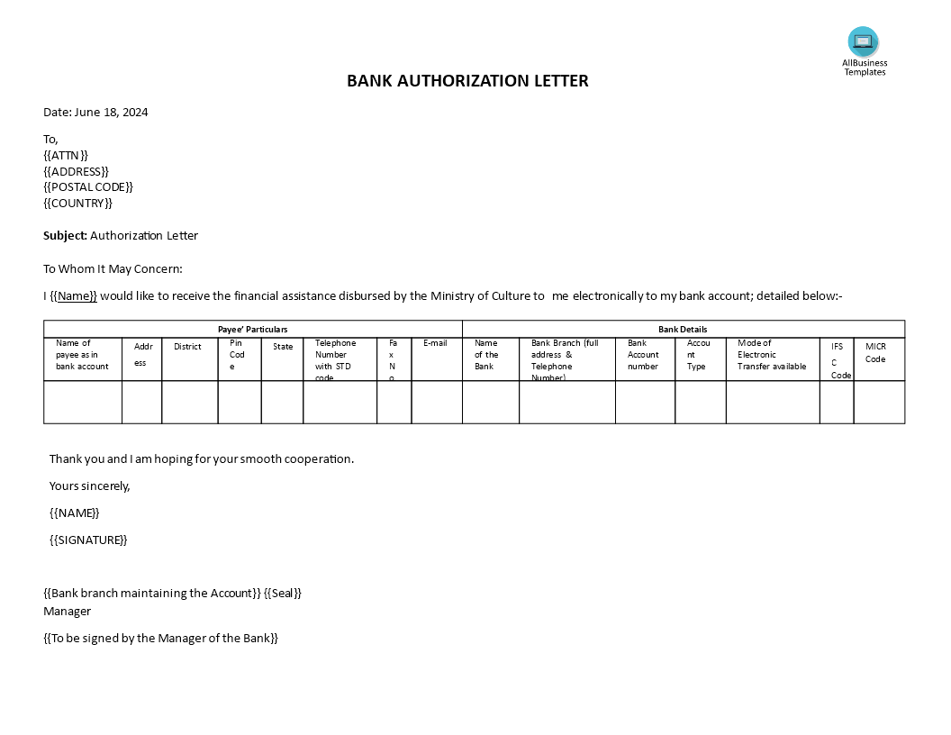 Simple Authorization Letter To Bank main image