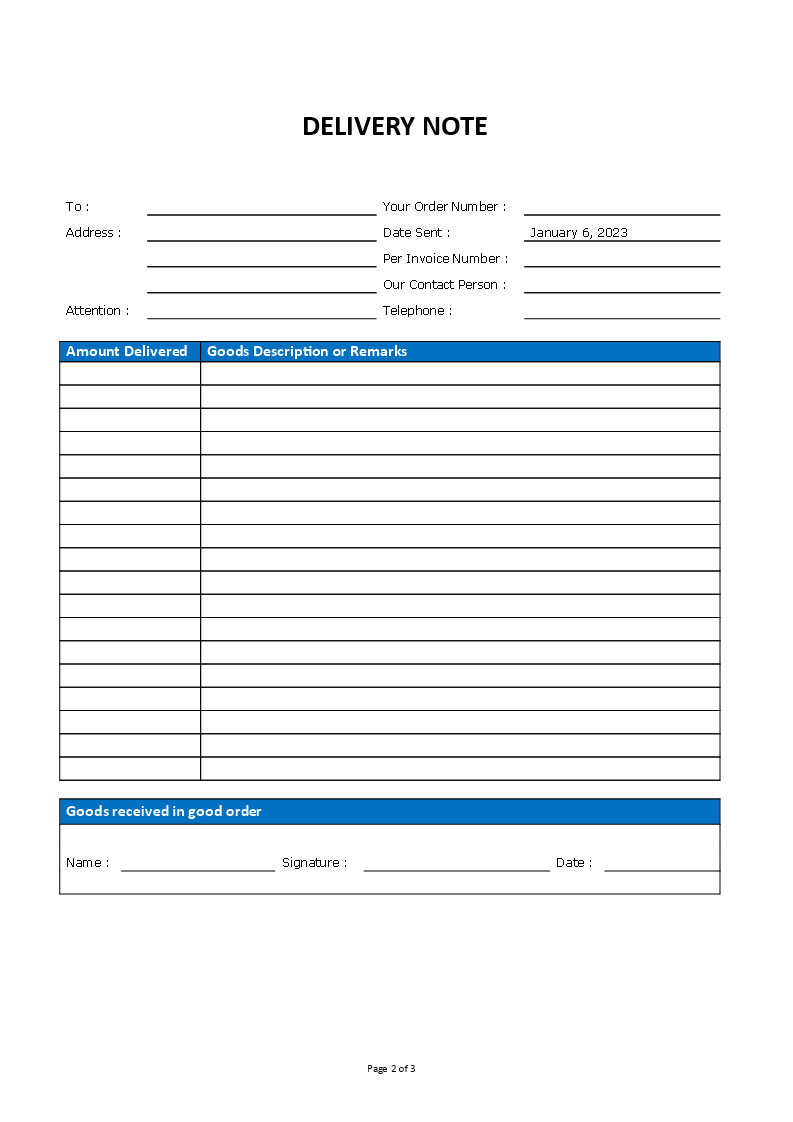 Delivery Order Note Templates at