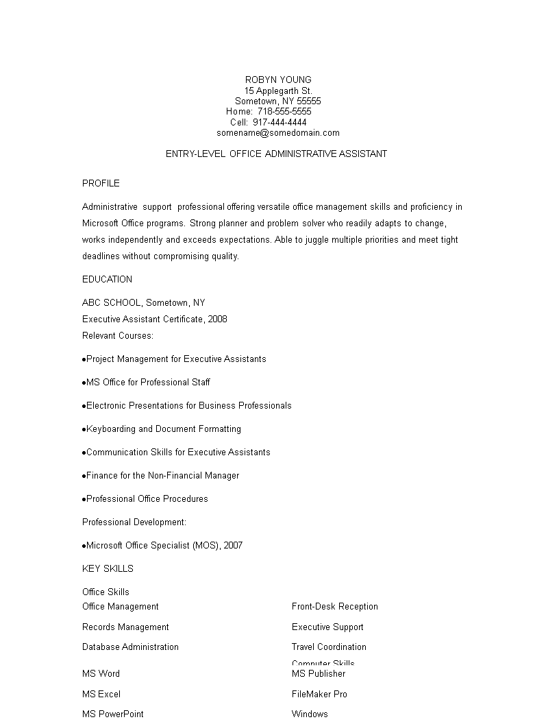 Entry Level Office Administration Resume main image