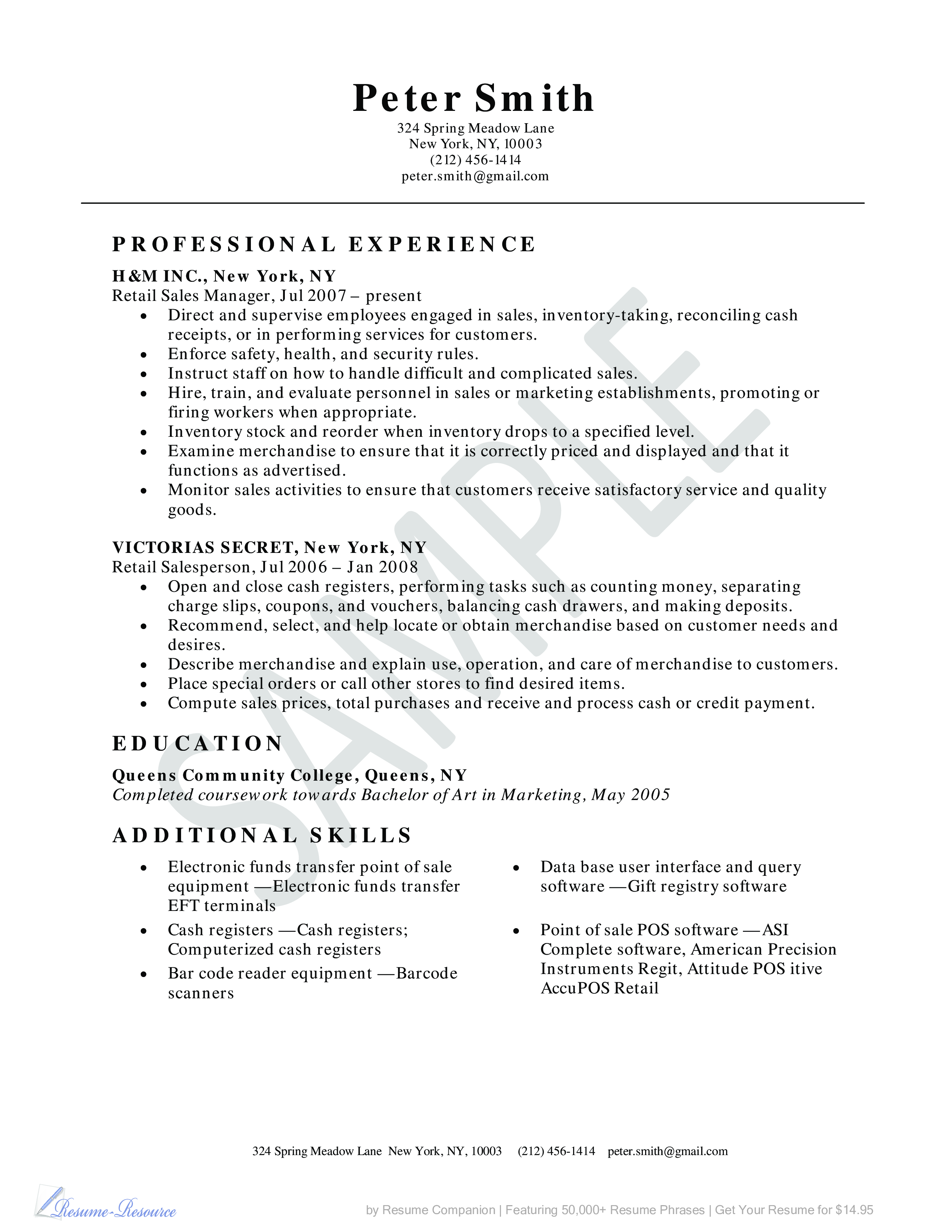 resume format for retail sales