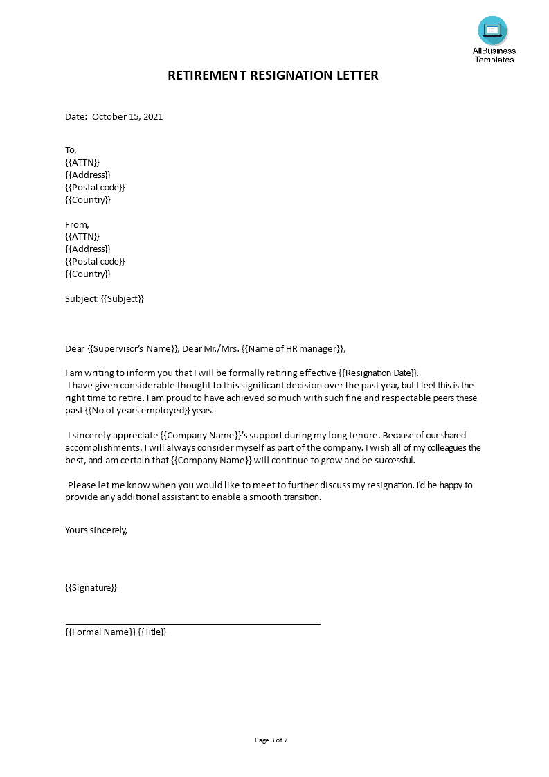 Thoughtful Retirement Resignation Letter | Templates at ...