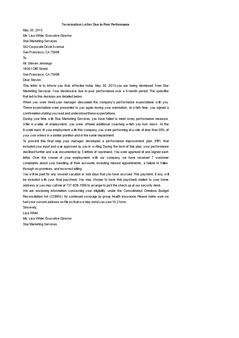  Contract Termination Letter Poor Performance At Workspace 