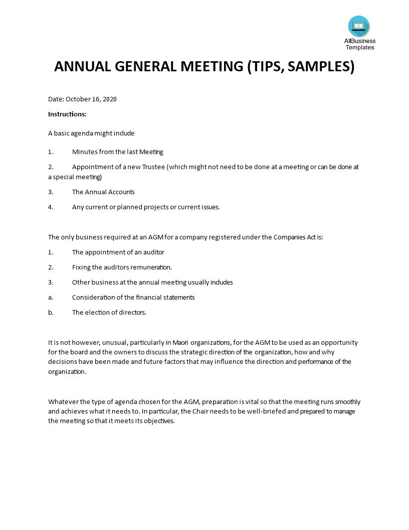 Non Profit Annual General Meeting AGM Agenda Template Templates At 