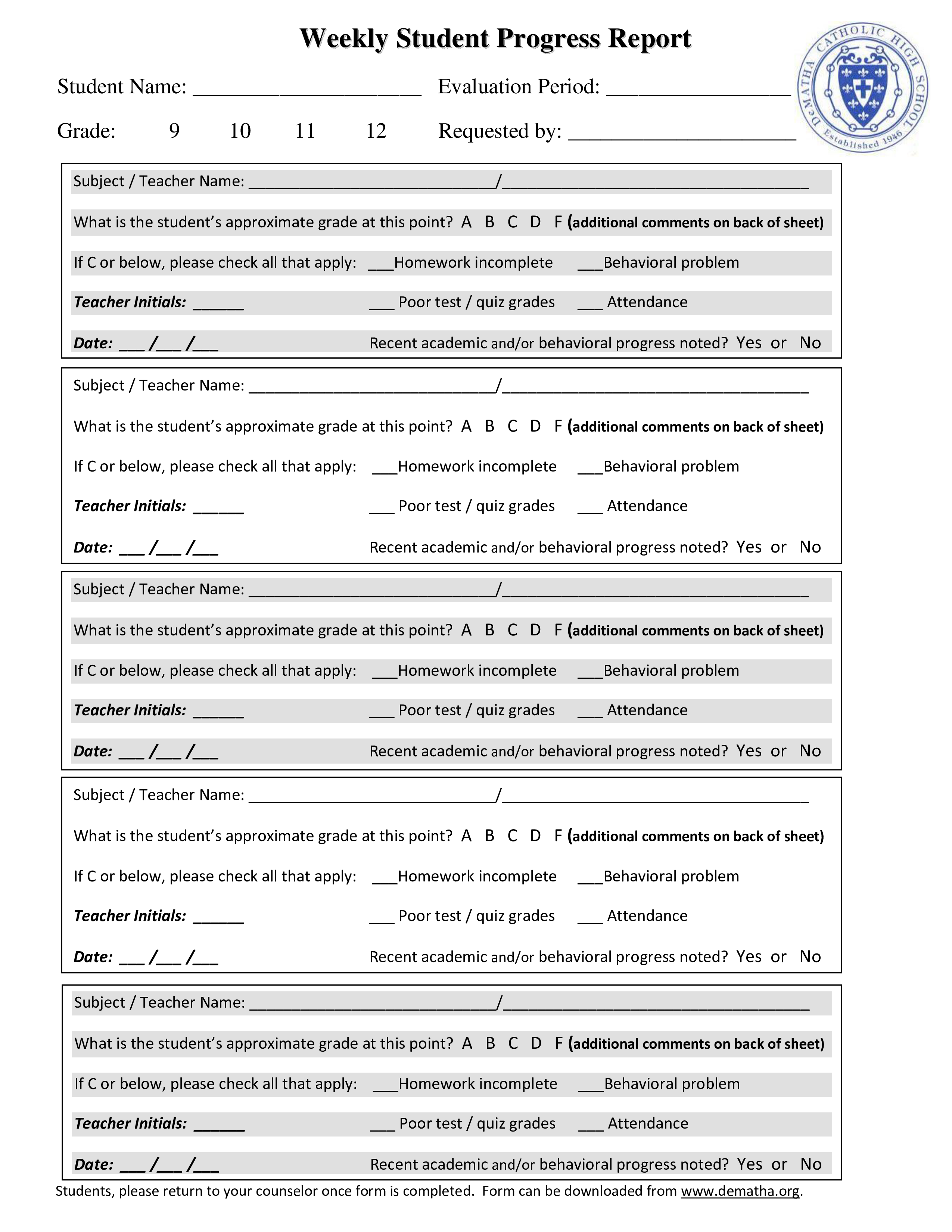 Printable Student Progress Report Template Printable Templates