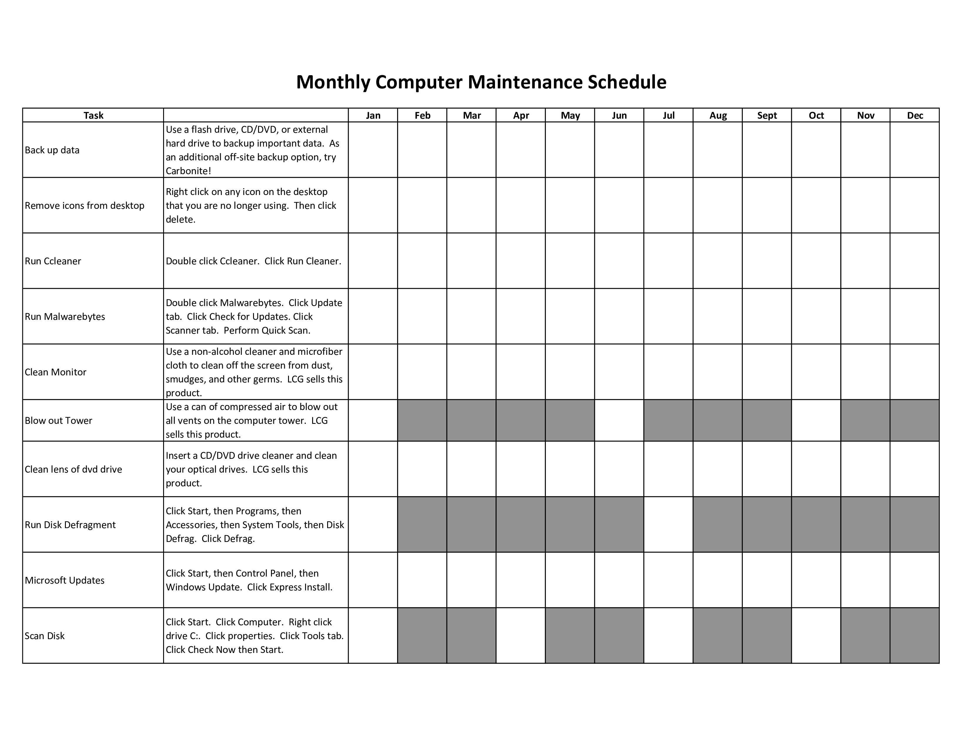 Monthly Computer Maintenance Schedule Templates At 