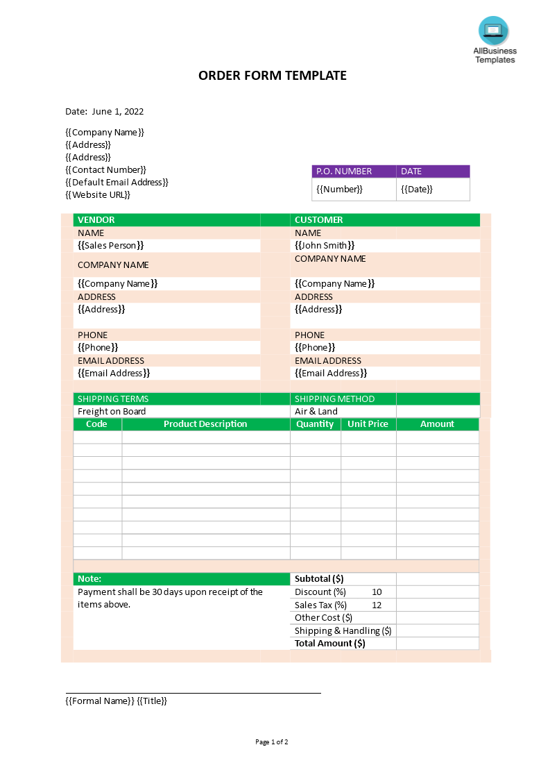 Order Form Template 模板