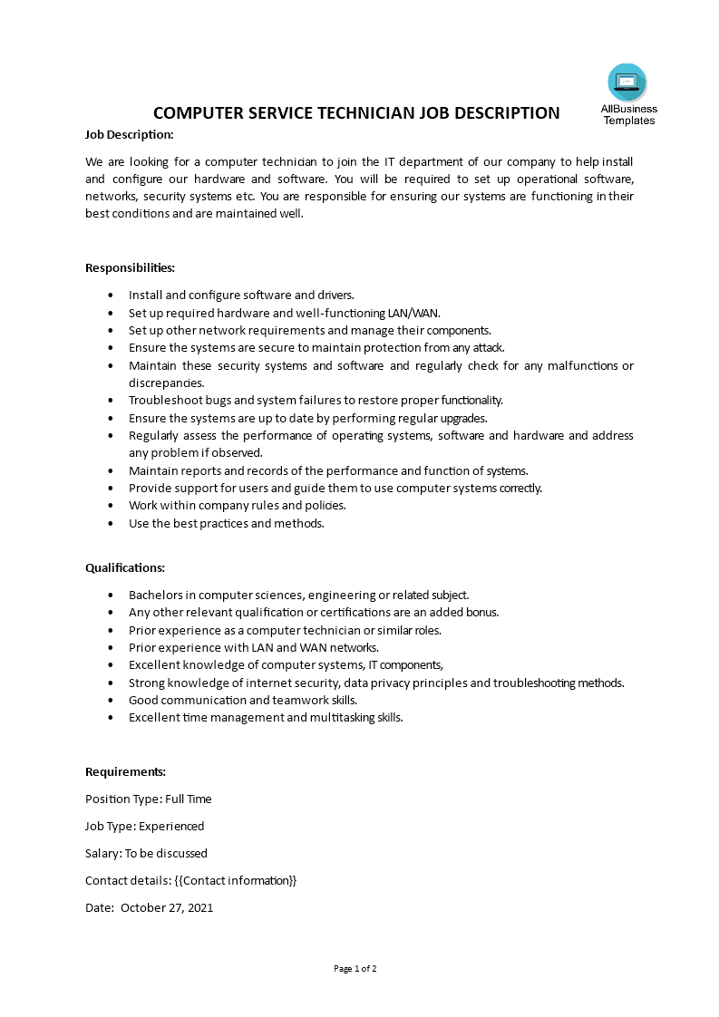  Computer Service Technician Job Description 