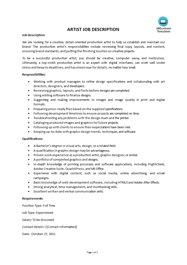 Libreng Artist Job Description