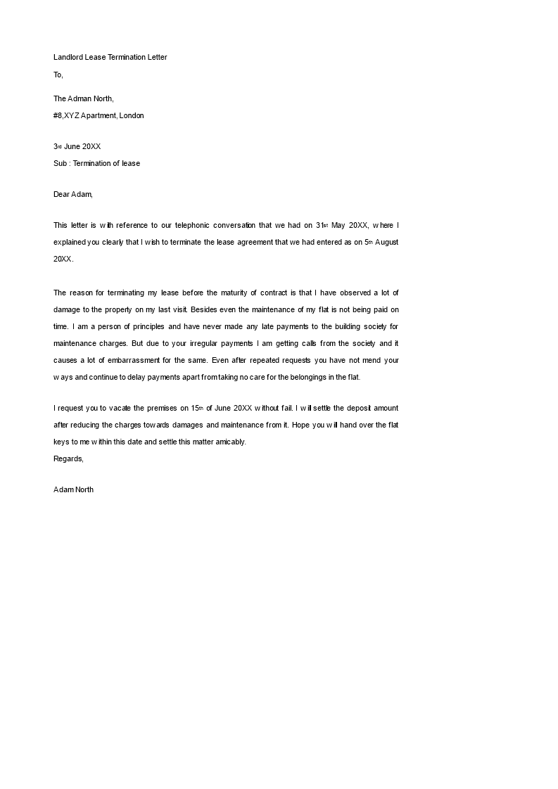 Landlord Lease Termination Letter Templates at