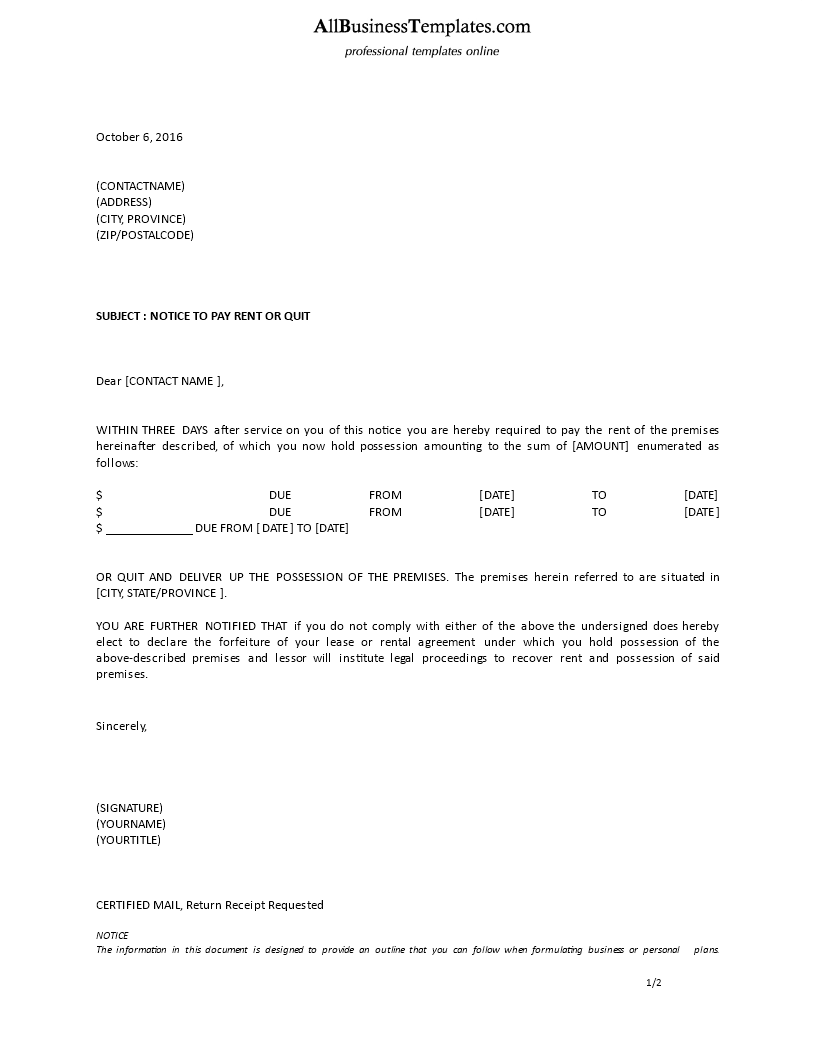 Sample Letter To Landlord Unable To Pay Rent