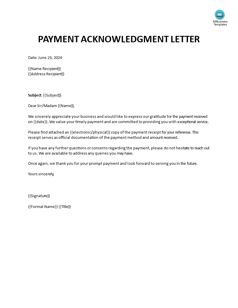 Payment Acknowledgment Letter main image