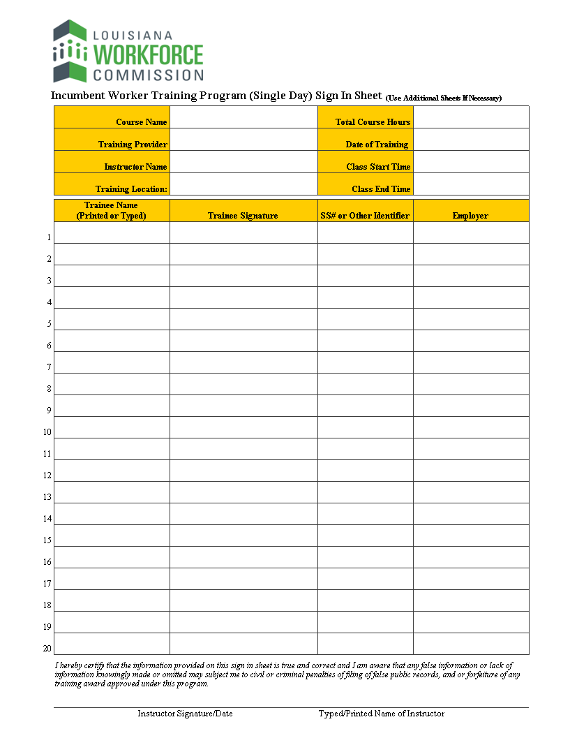 Kostenloses Excel Sign In Sheet